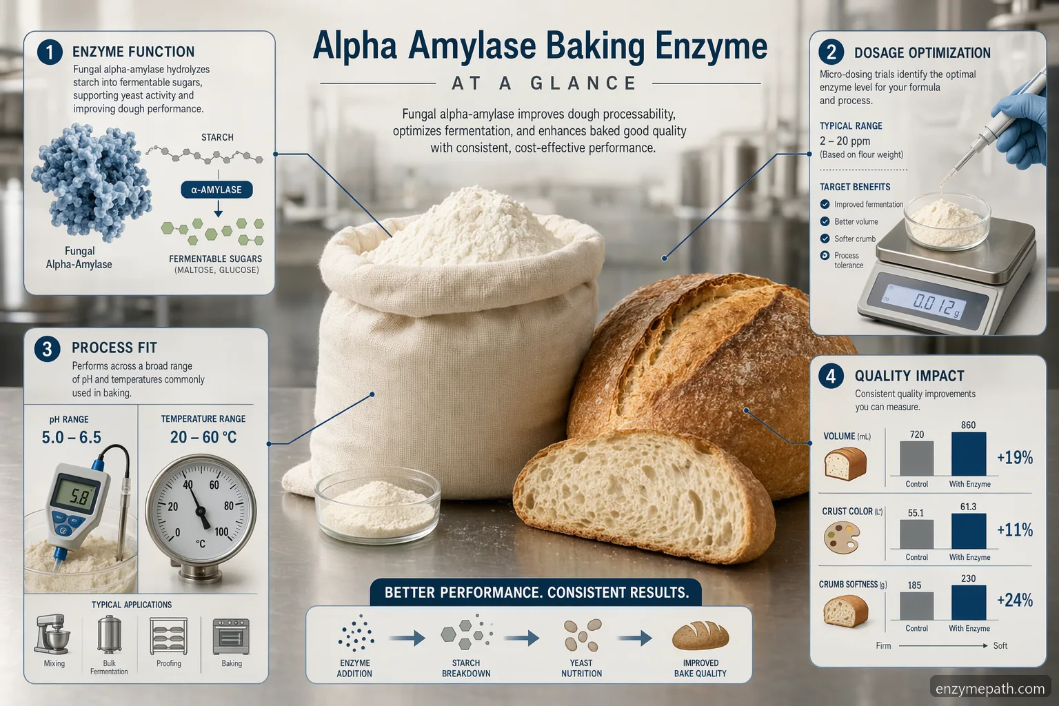 คู่มือการใช้ alpha-amylase สำหรับเอนไซม์อบขนม แสดงแป้ง pH อุณหภูมิ และภาพทดสอบ QC