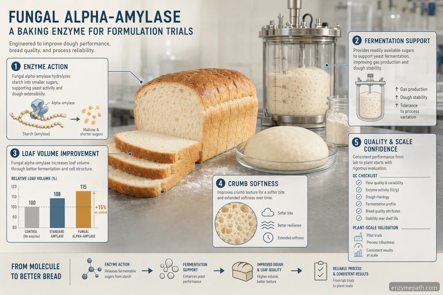 Ghid pentru baking enzyme fungal alpha-amylase, cu dozaj, fermentare, volum de pâine, miez moale și verificări QC