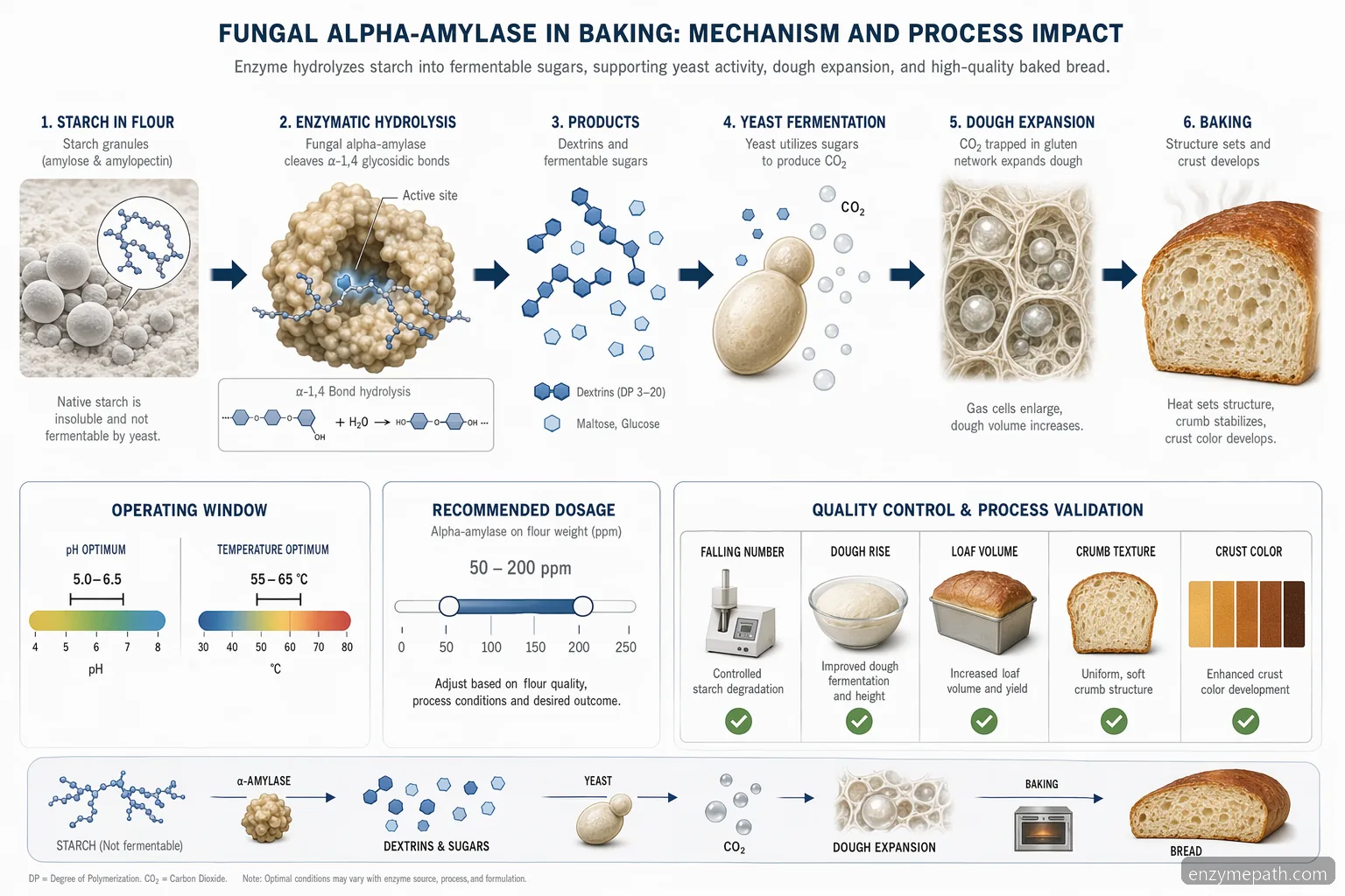 Процес за baking enzymes fungal alpha-amylase, свързващ starch breakdown със захари, ферментация и показатели за качество