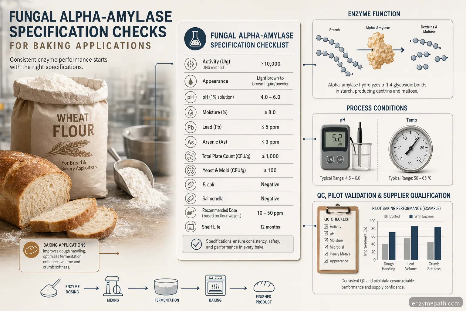 Checkliste für Enzyme in der Backindustrie mit fungal alpha-amylase, Brot, Mehl, pH, Temperatur und QC-Symbolen
