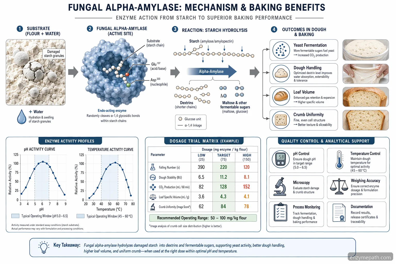 Mecanismo de enzymes in baking: alpha-amylase fúngica descompone el almidón en azúcares en rangos de pH, temperatura y dosificación